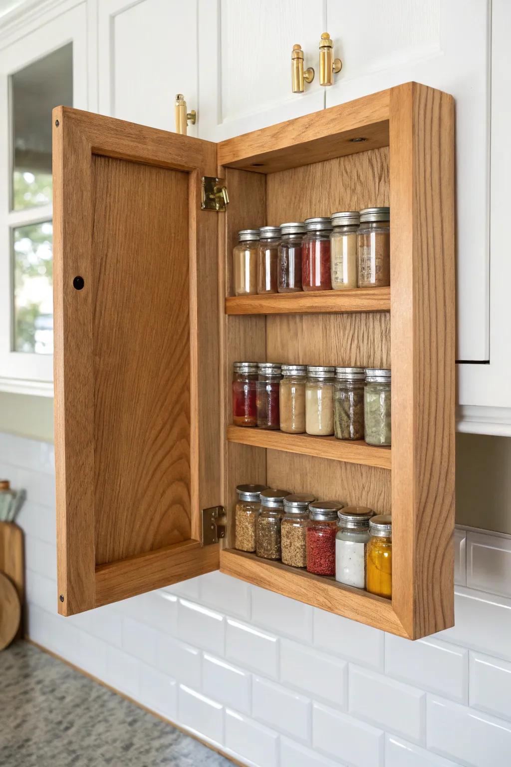 Hinged picture-frame spice rack: hide the clutter, then swing open a calm, beautiful reveal.