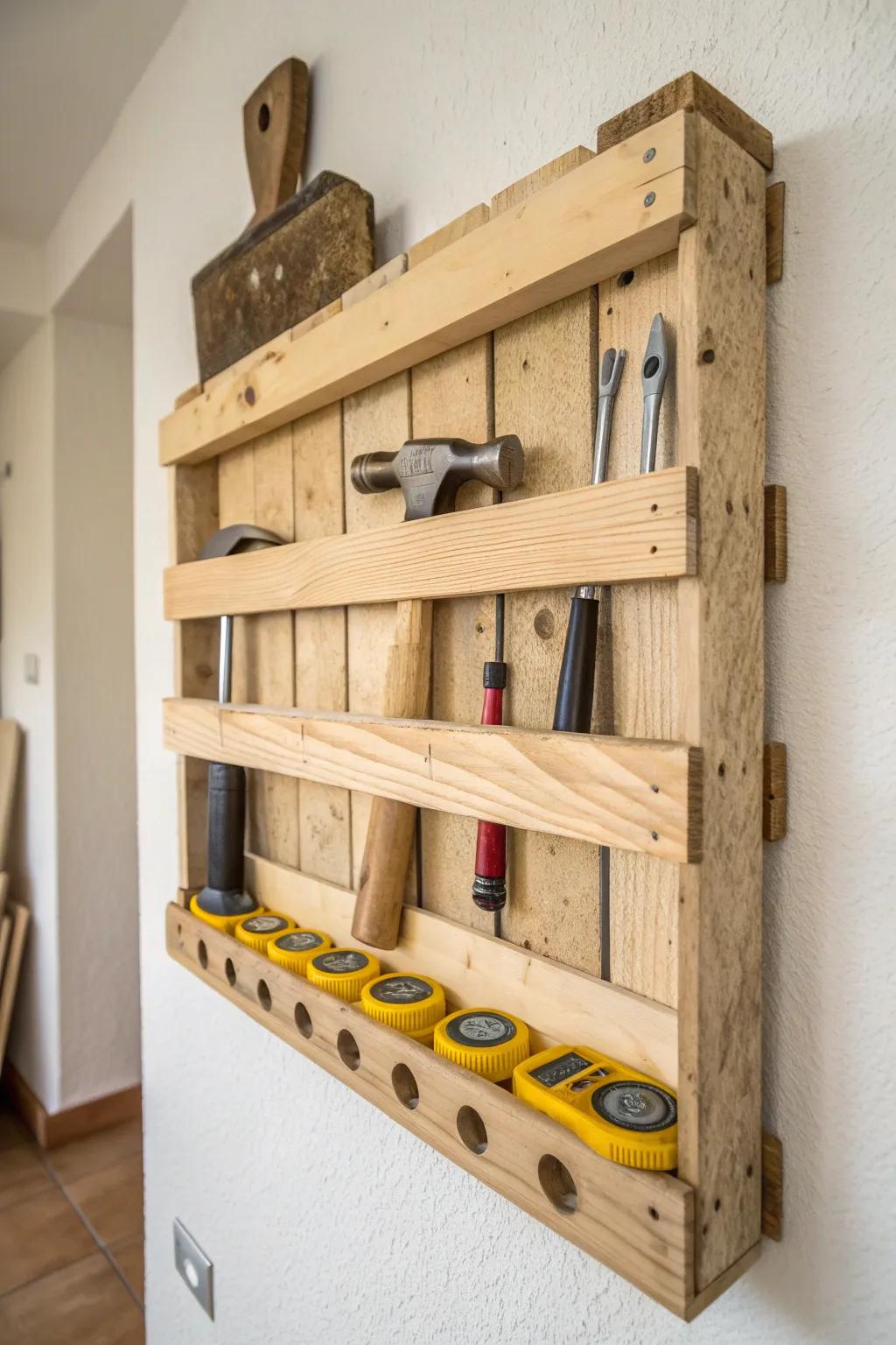 Rustic pallet-wood tool rack: free-ish storage that looks intentional and beautifully minimal.
