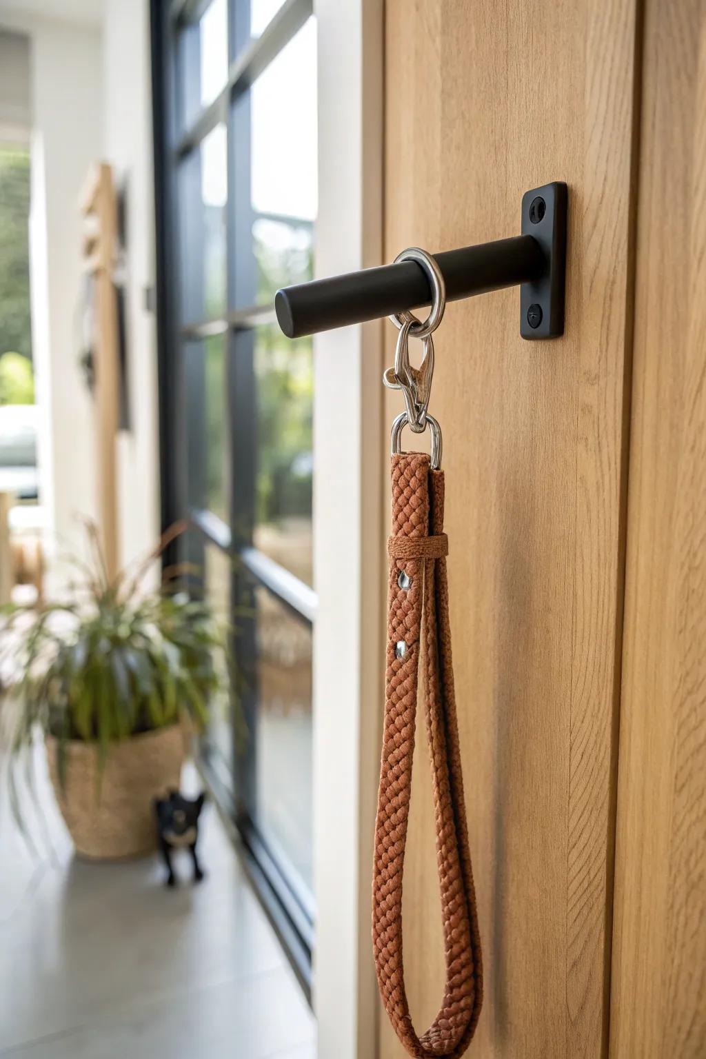 A magnetic bar keeps the metal clip snug—leash hangs tidy, chic, and clutter-free.