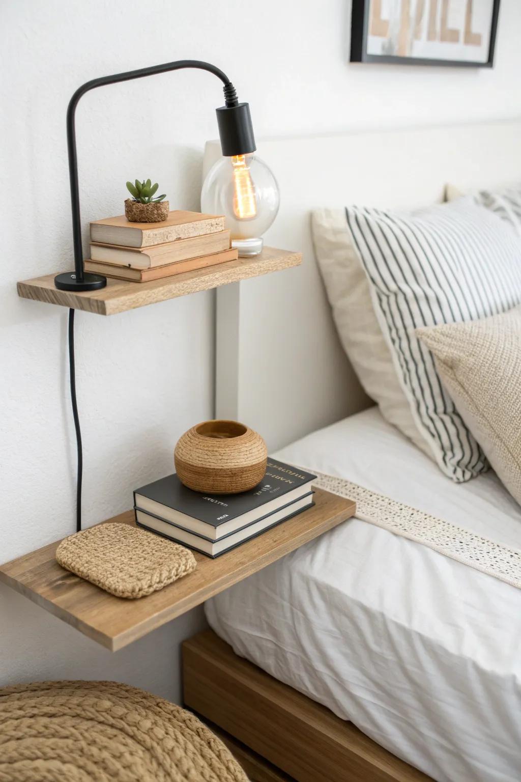Above-bed shelf ledge: books, tray, and lamp—nightstand-free dorm organization magic.