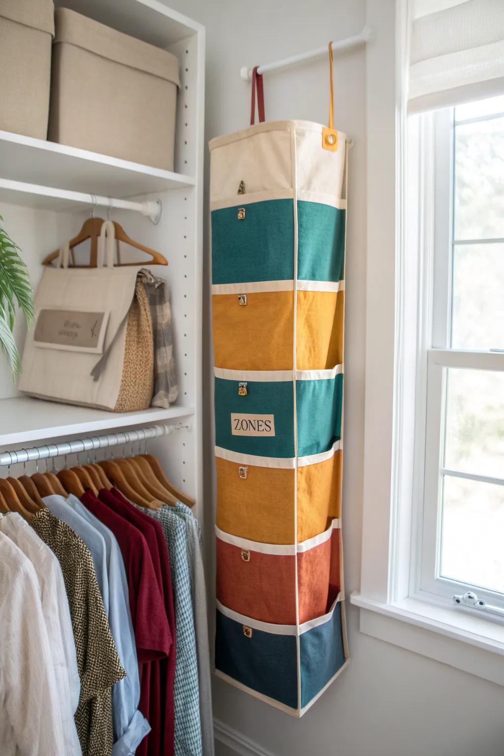Create closet zones: a hanging organizer that keeps outfits, shoes, and accessories in their place.