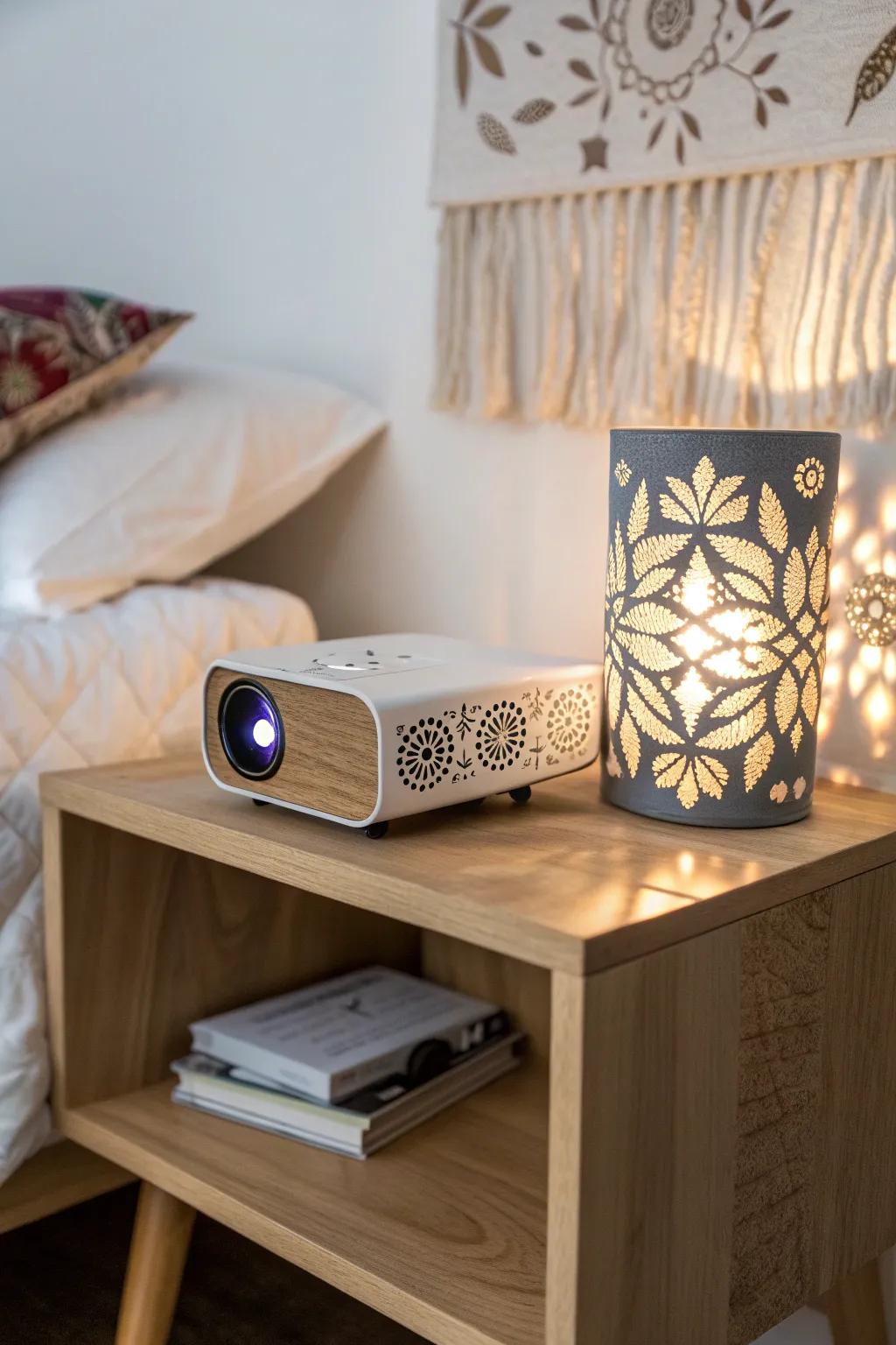 A tiny light projector turns a blank dorm wall into a boutique-hotel mood moment—no clutter.