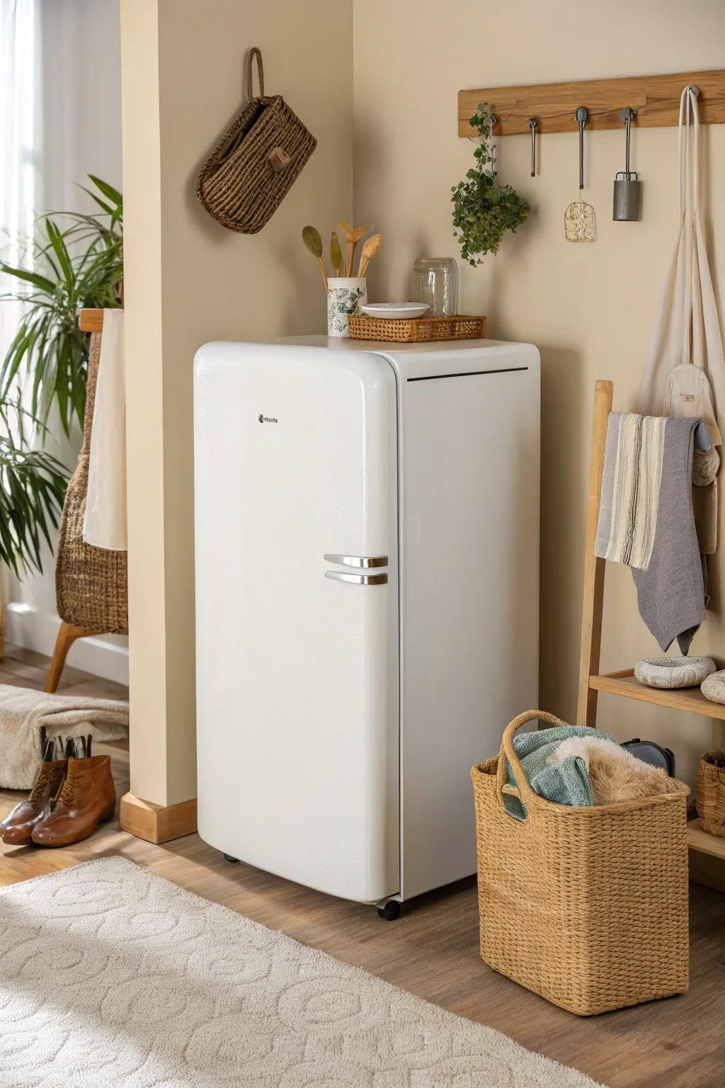 Turn your mini fridge into vertical storage with magnetic organizers—cute, sleek, space-saving.