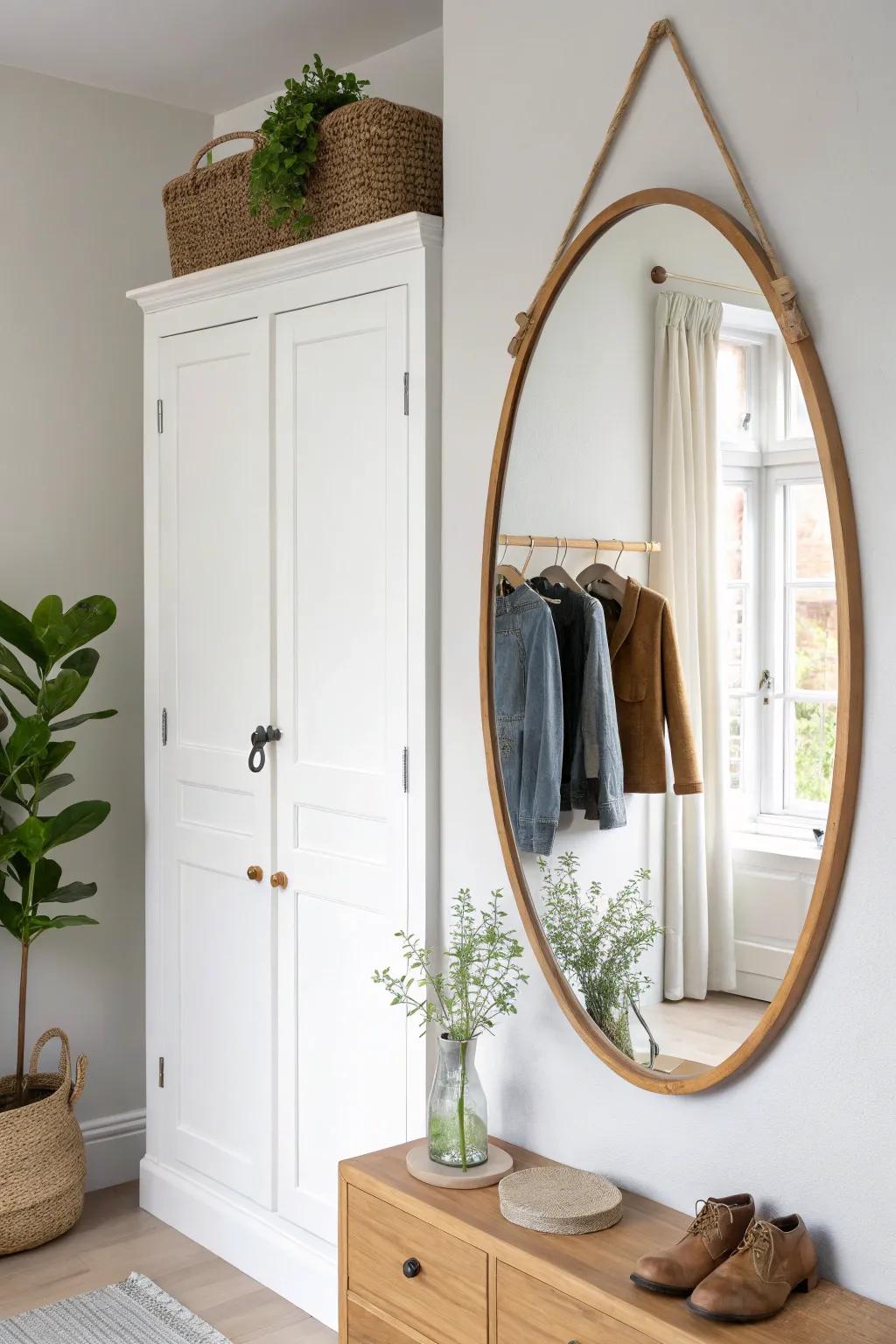 Turn the closet gap into a chic vanity nook with a slim mirror + hooks—no floor space needed.
