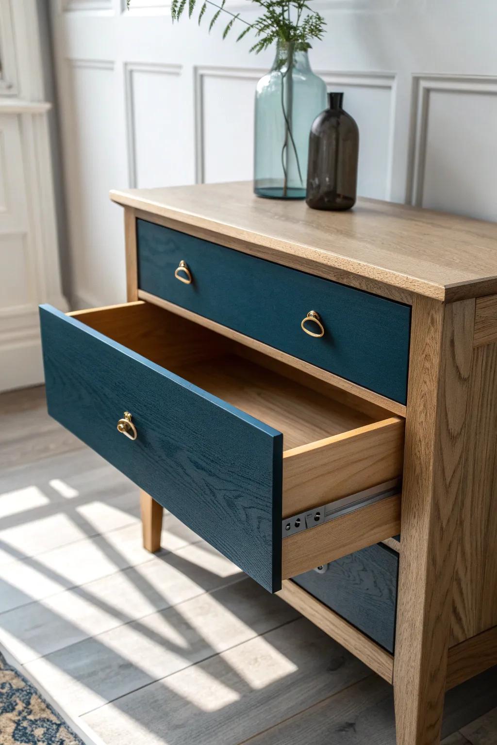 A plain dresser, but the inside pops—moody cobalt drawer interiors for instant small-space joy.