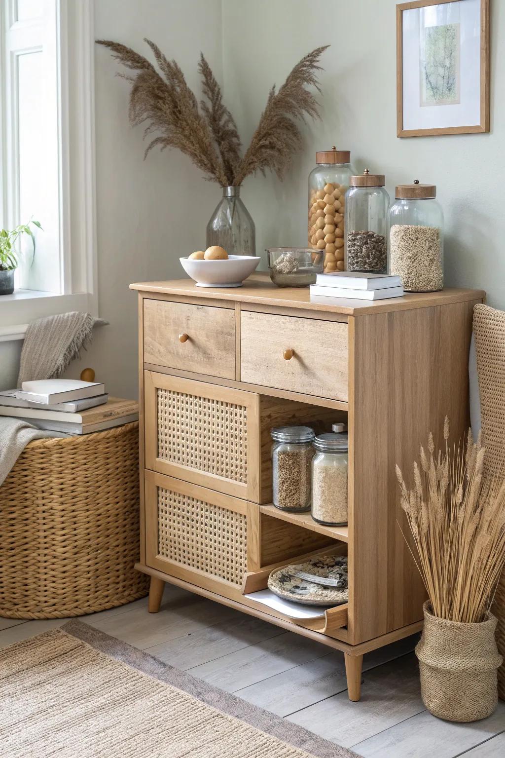 A chic living-room dresser that hides pet food, toys & leashes—no plastic bins needed.
