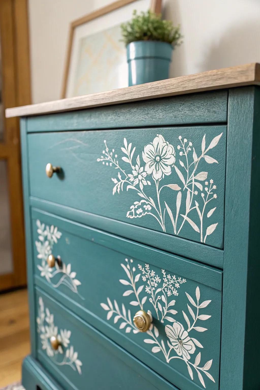 Floral stenciled drawers turn a simple dresser into a charming, vintage-inspired statement.