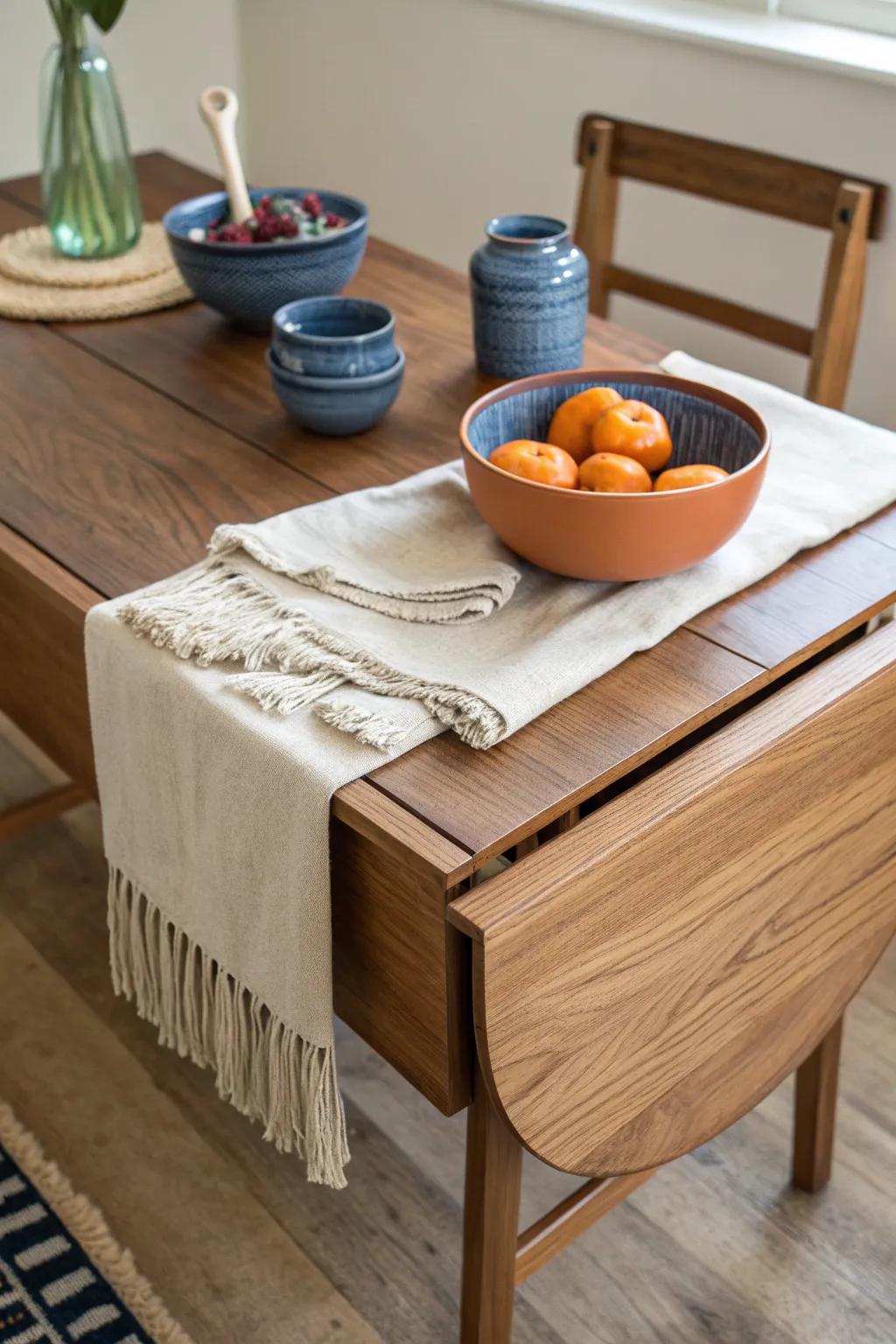 Buffet-ready drop leaf table styling: board, linens & bowl—then unfold for guests.