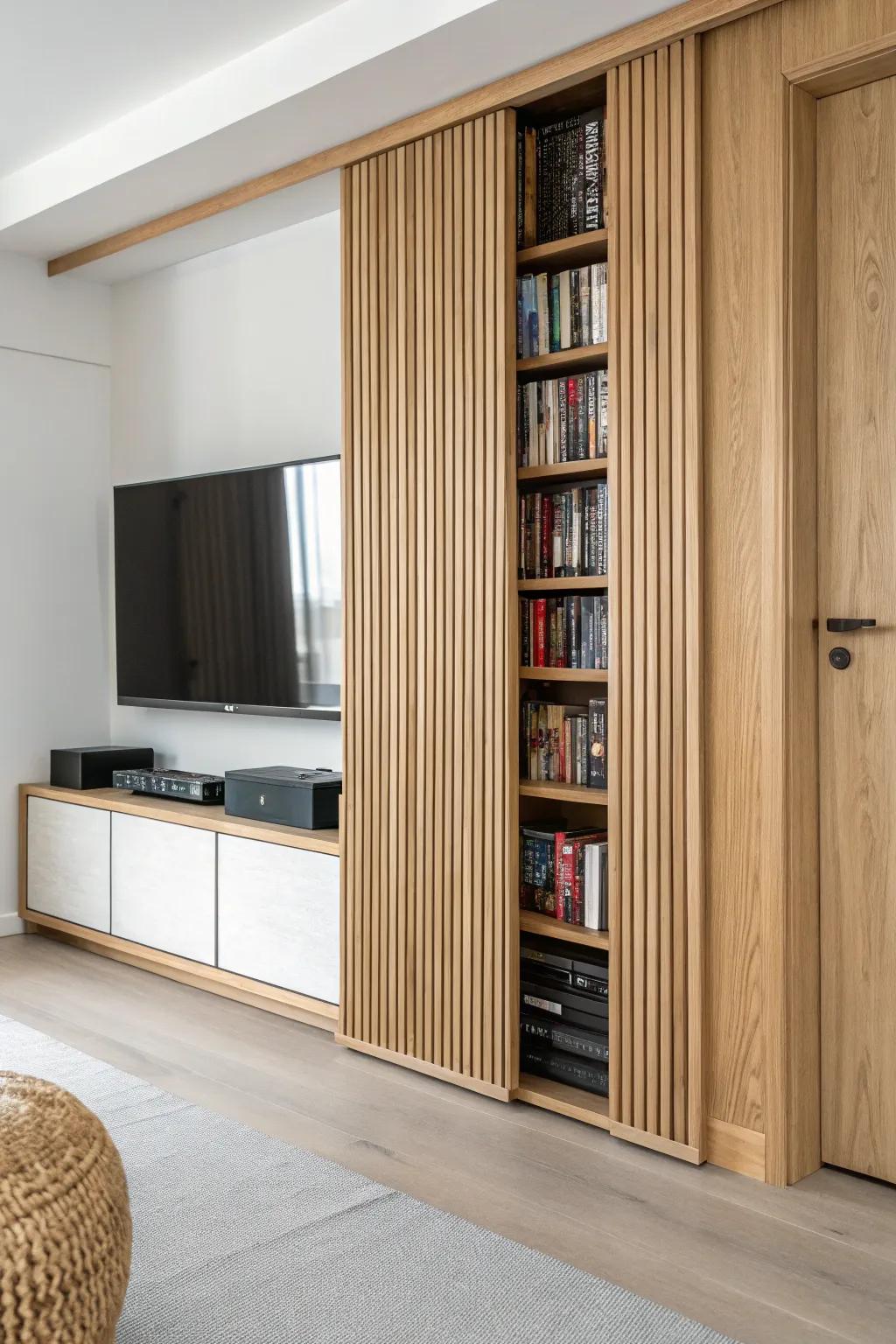 A sleek sliding panel hides a shallow DVD wall—clean decor outside, storage magic inside.