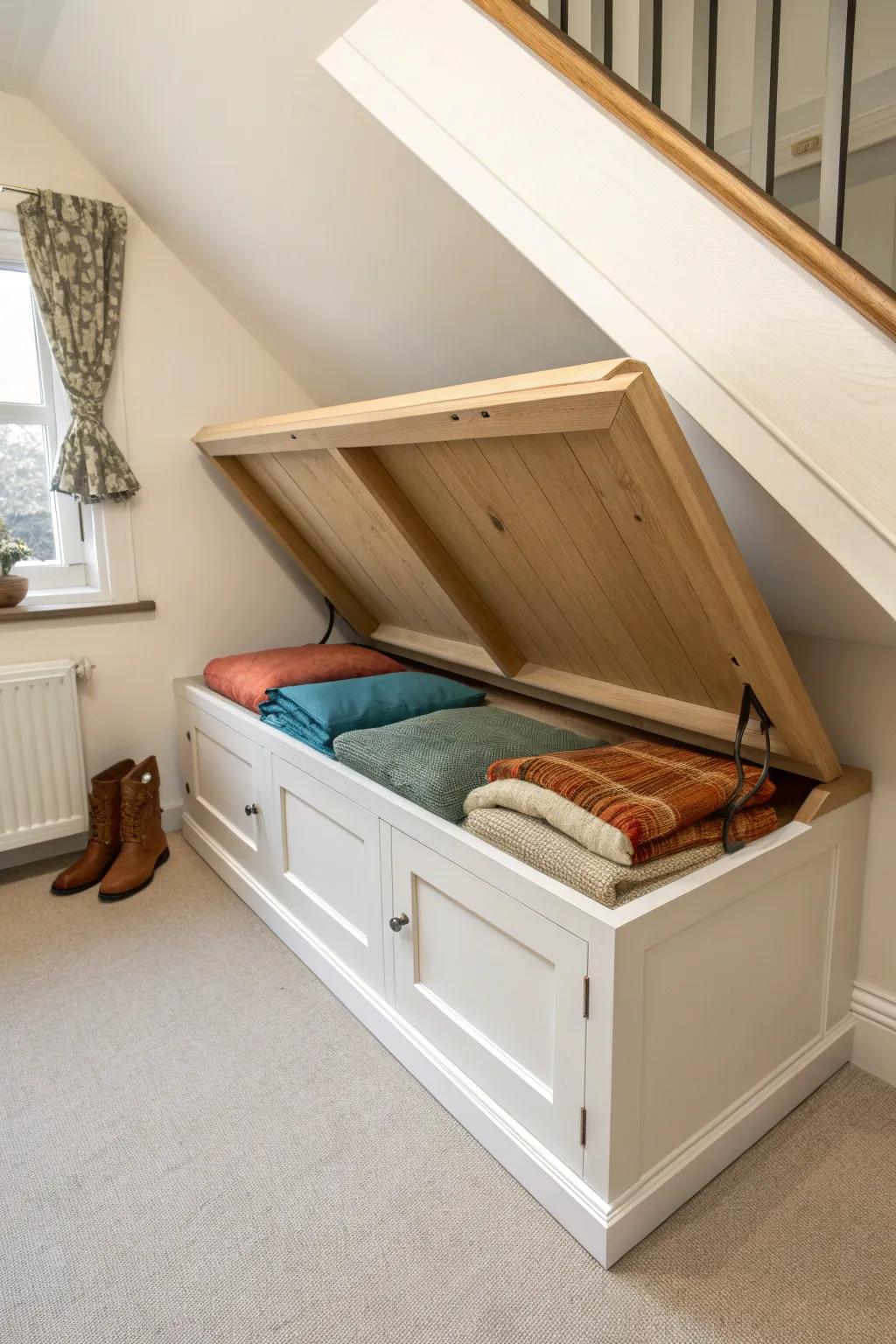 Flip-up eaves bench: a sleek built-in perch that hides cozy blankets—perfect for small spaces.