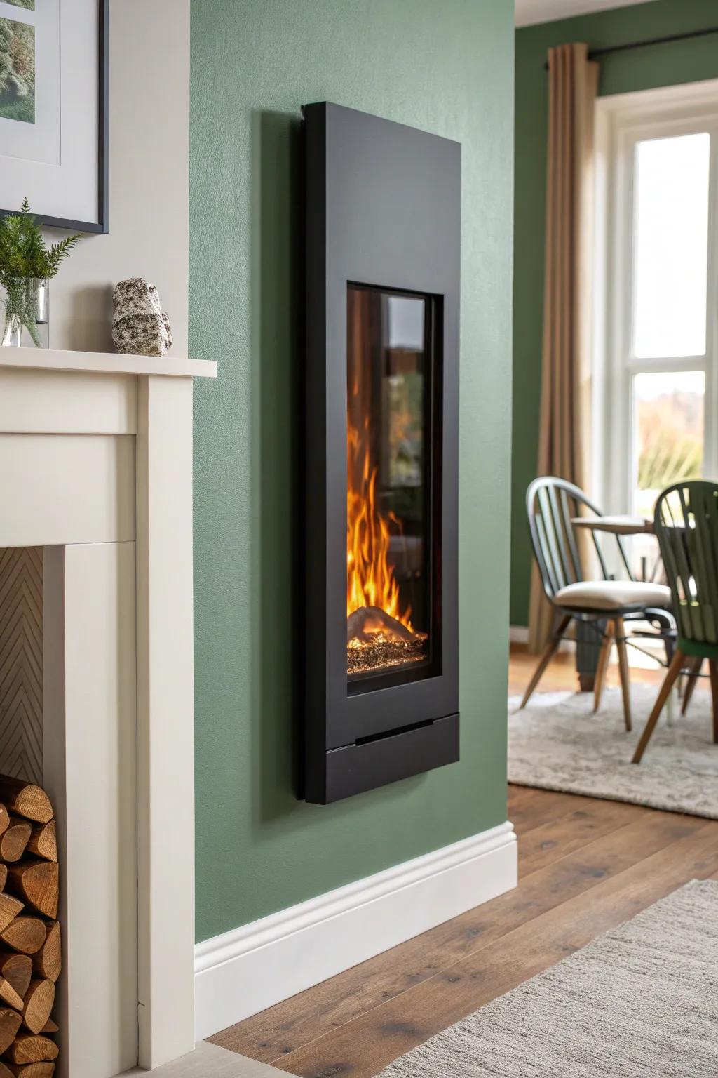 A wall-mounted electric fireplace turns a tiny dining nook into a cozy restaurant-booth moment.