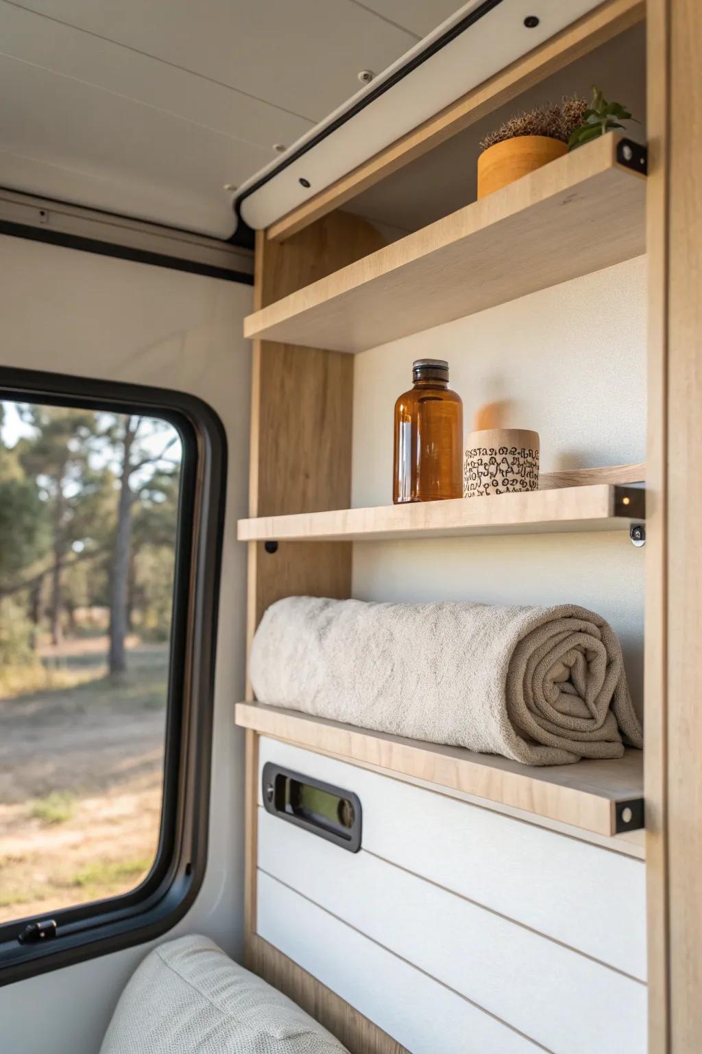 A sleek false-wall shelf hides trailer storage in plain sight—clean, calm, and clutter-free.