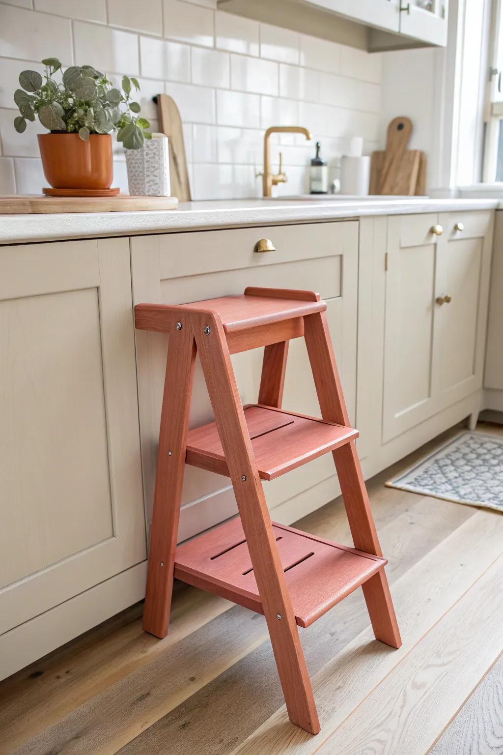 A fold-down step stool on the cabinet end—sleek, space-saving access to top shelves.
