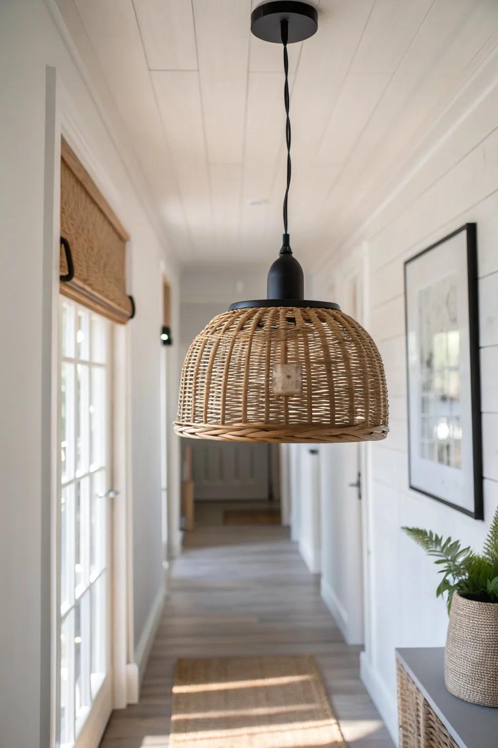 A pale greige ceiling + a sculptural pendant makes a small hallway feel intentionally designed.