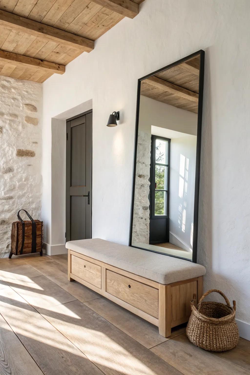 Make a small entry feel bigger: floating oak bench + tall mirror panel, easy to clean under.