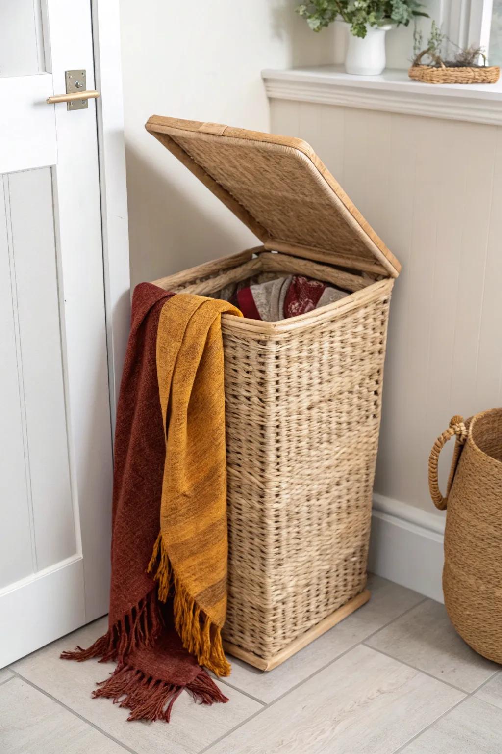 Slim corner hamper for socks & scarves—tidy entryway corner with a bold pop of color.