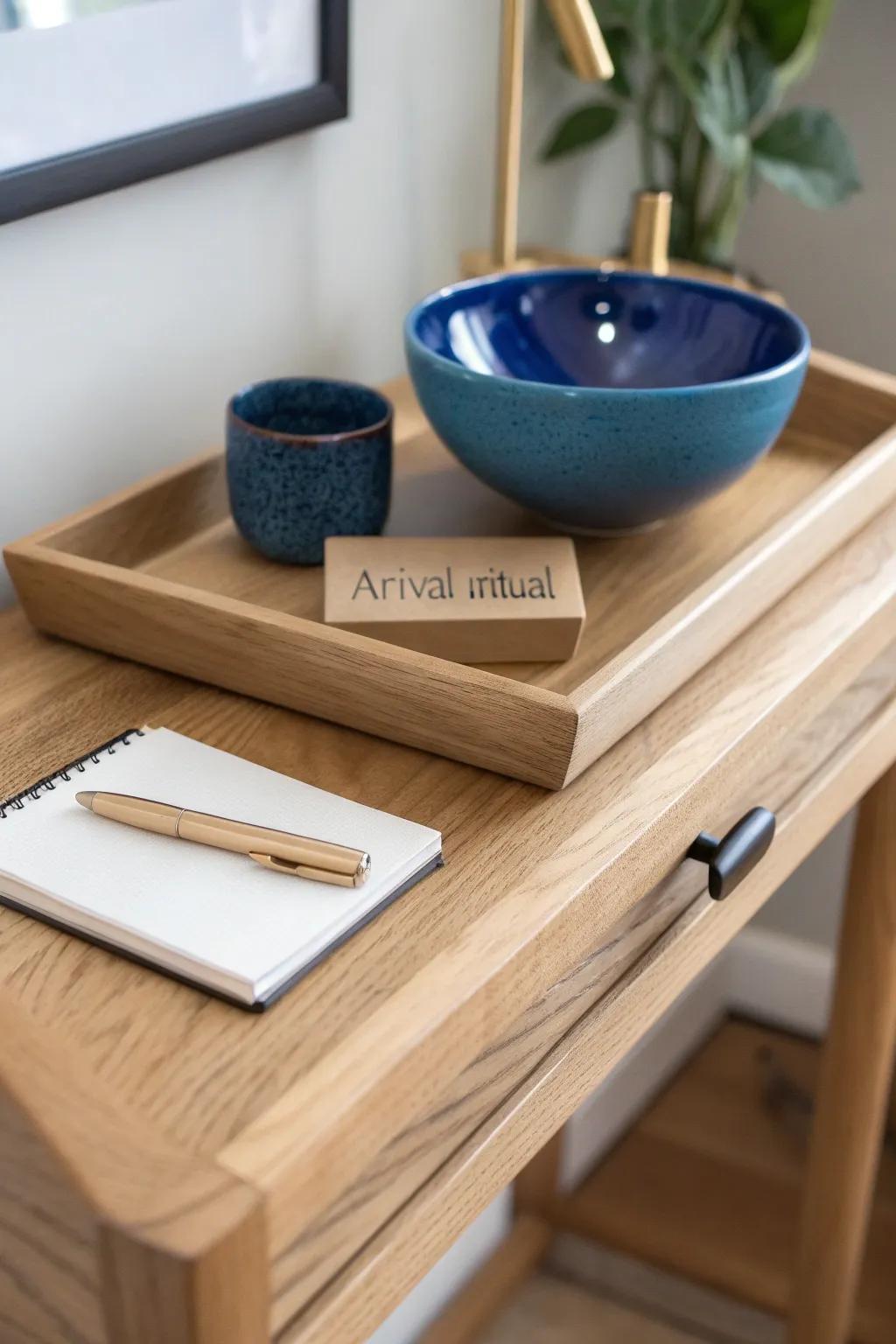 A tiny arrival tray with bowl, pen & notepad—your hallway’s calm reset point.