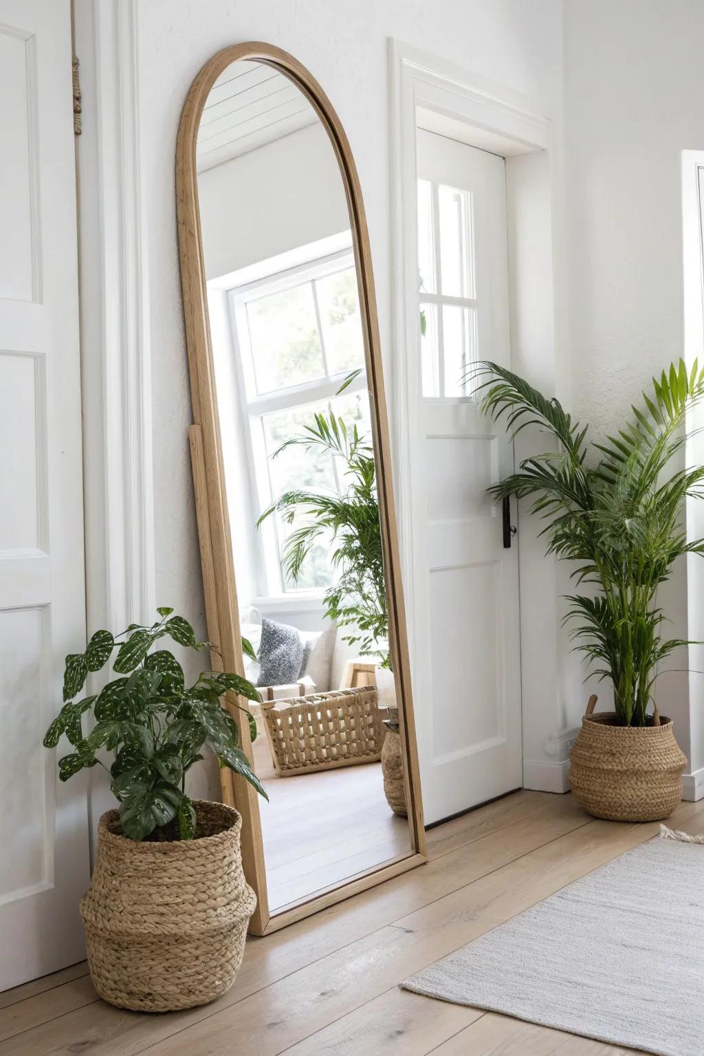 Mirror trick: double your entryway greenery instantly—bright, airy, and space-saving.