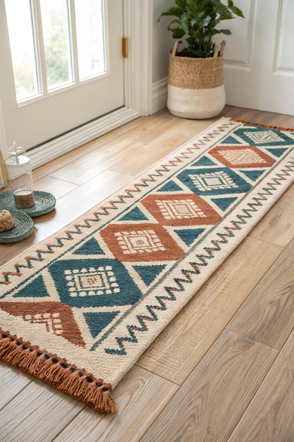 Layer a bold patterned runner over a neutral jute base for an instant entryway upgrade.