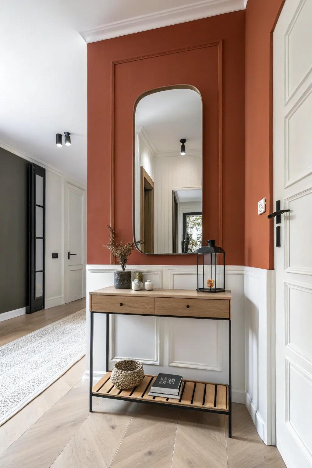 Floor-to-ceiling mirror behind a slim console—instant depth and a brighter, bigger entry.