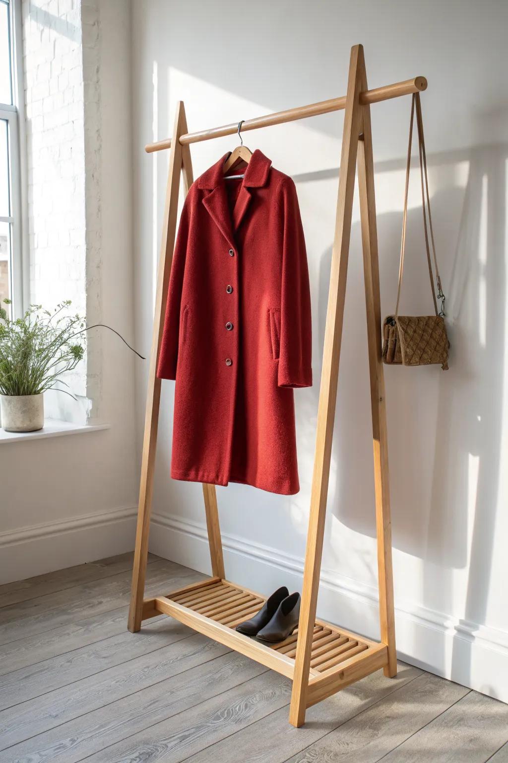 Turn your exposed closet into a boutique: one bold featured piece on a clean, crafted rack.