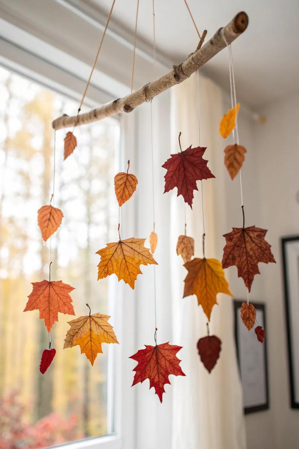 A floating fall leaf mobile adds cozy autumn atmosphere without using any floor space.