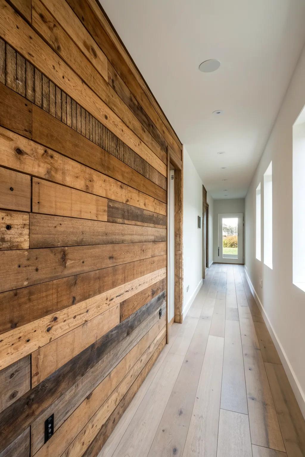 A reclaimed wood statement wall turns a narrow farmhouse hallway into a warm, designed moment.