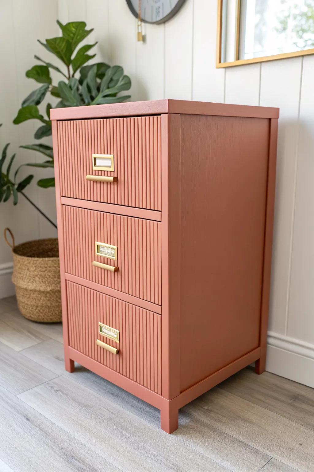 DIY fluted-front file cabinet makeover—matte color + vertical trim for an instant luxe look.