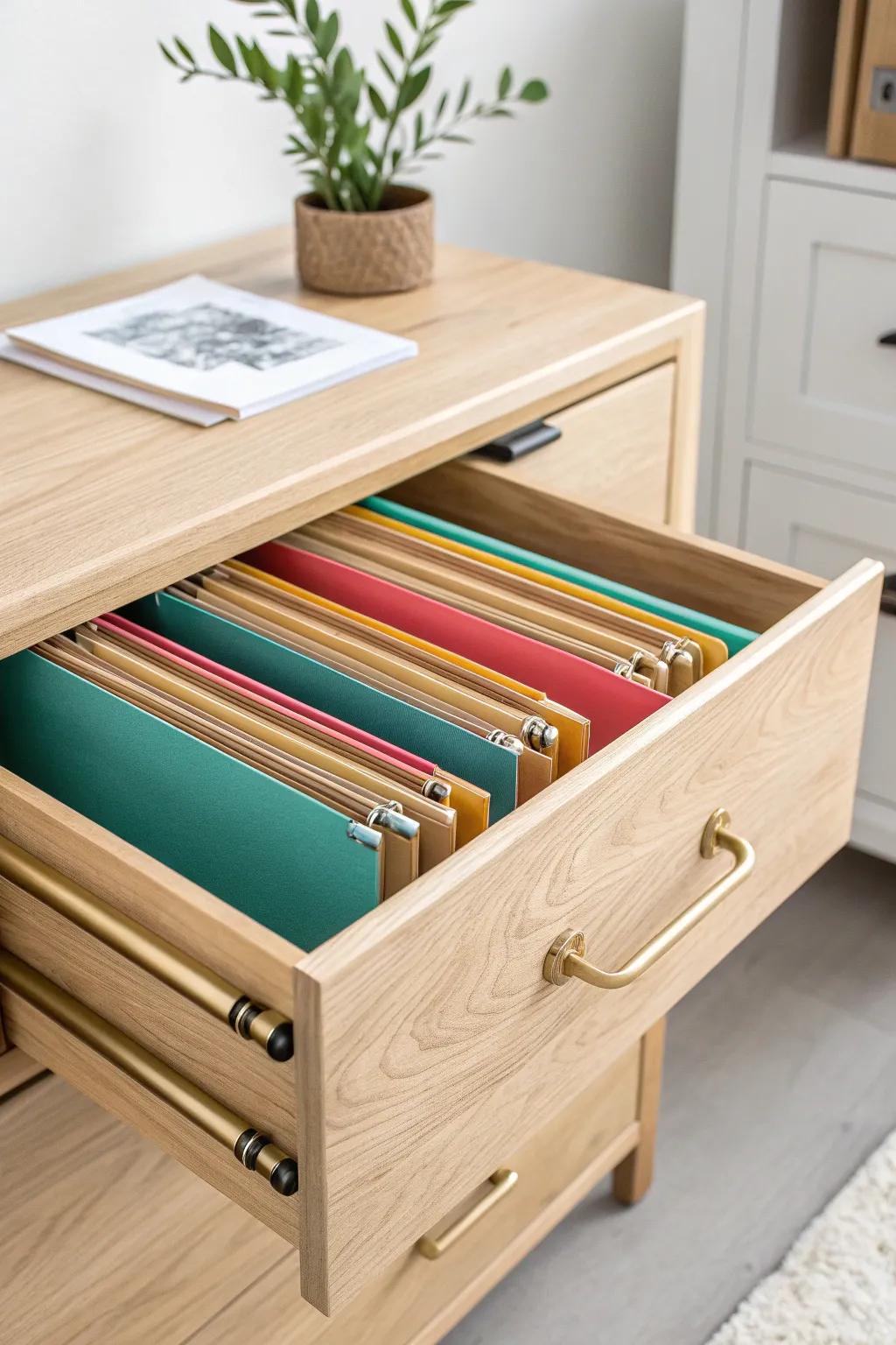 Turn a wide drawer into sturdy hanging-file storage with simple, stylish tension rod rails.