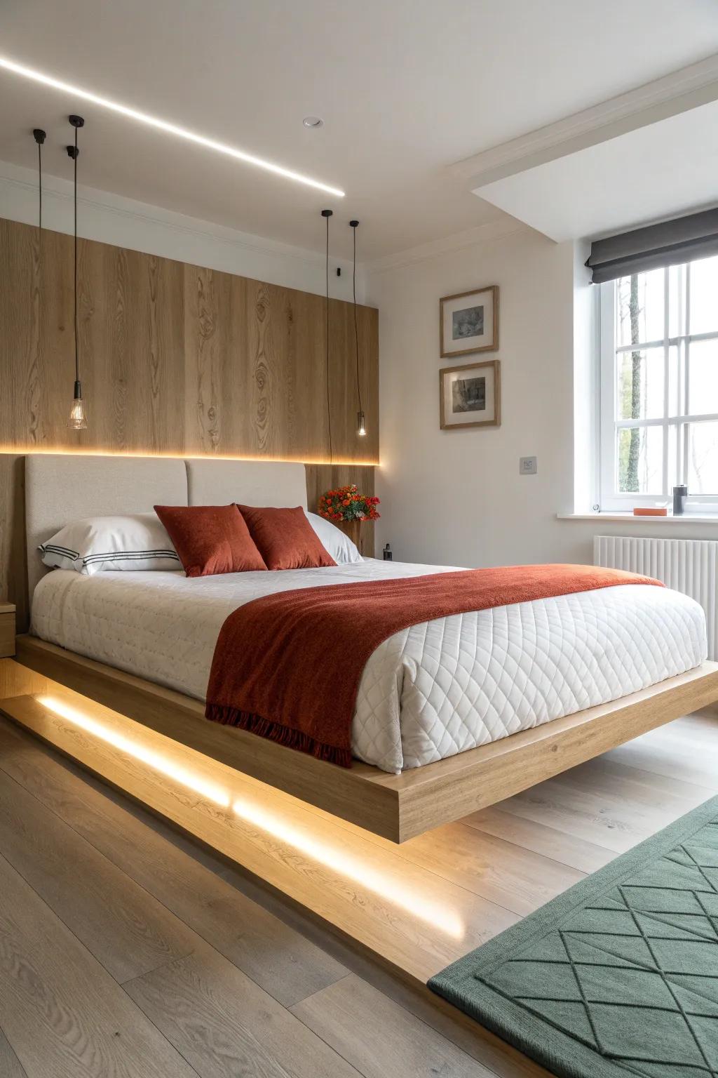 Levitation-inspired floating bed with hidden supports and dramatic underglow for small-space wow.