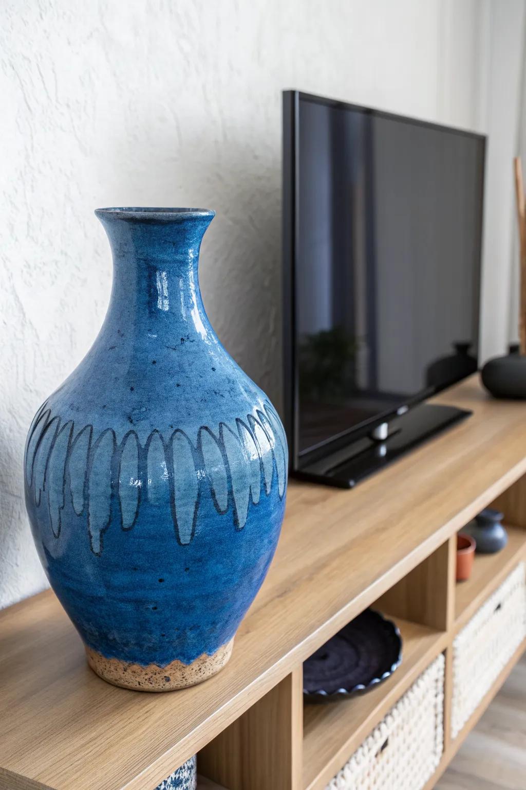 One oversized sculptural vase on a floating shelf pulls attention away from the TV.