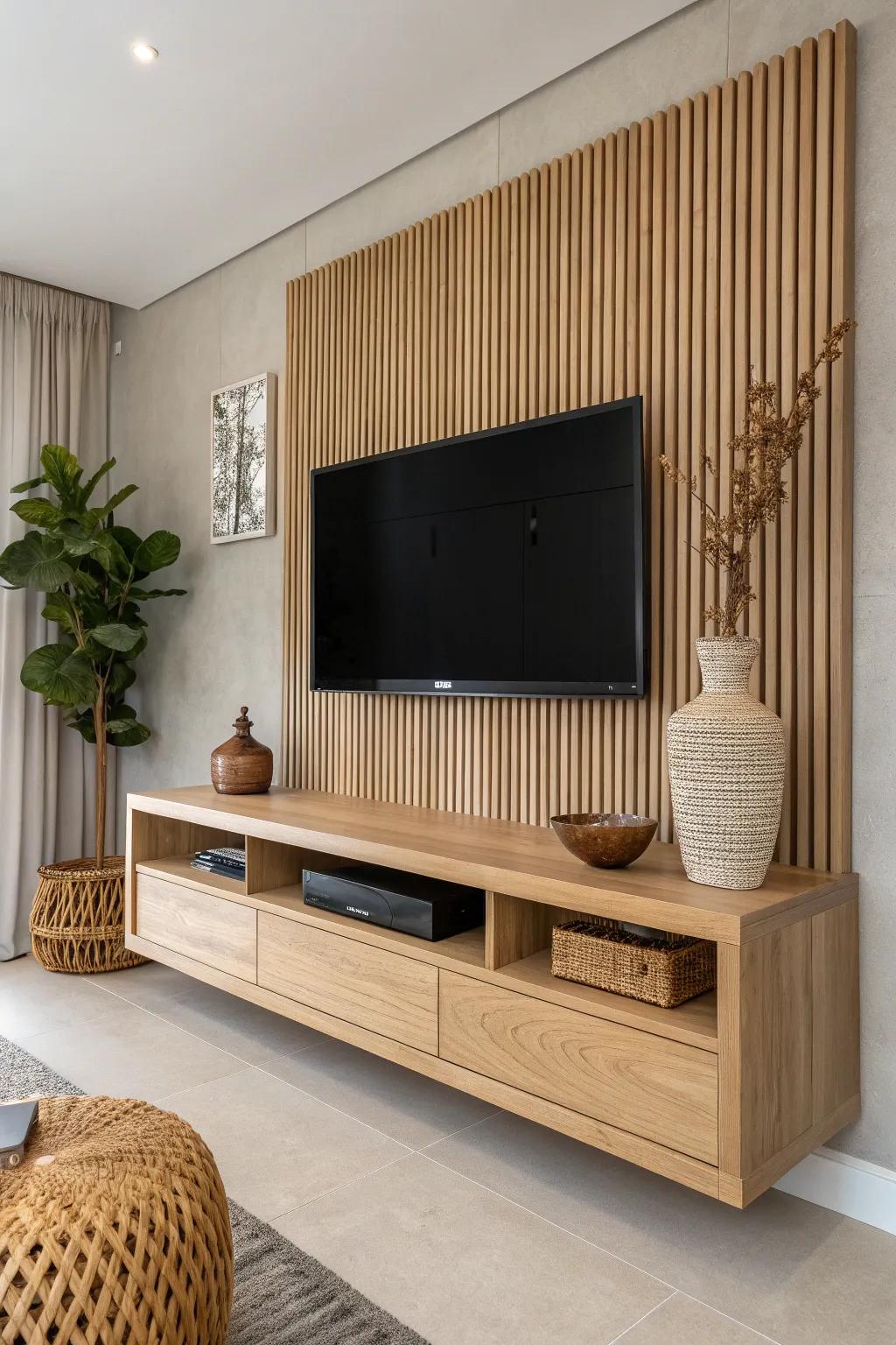 Warm vertical slats + a floating oak console make the TV wall feel like a luxe feature.