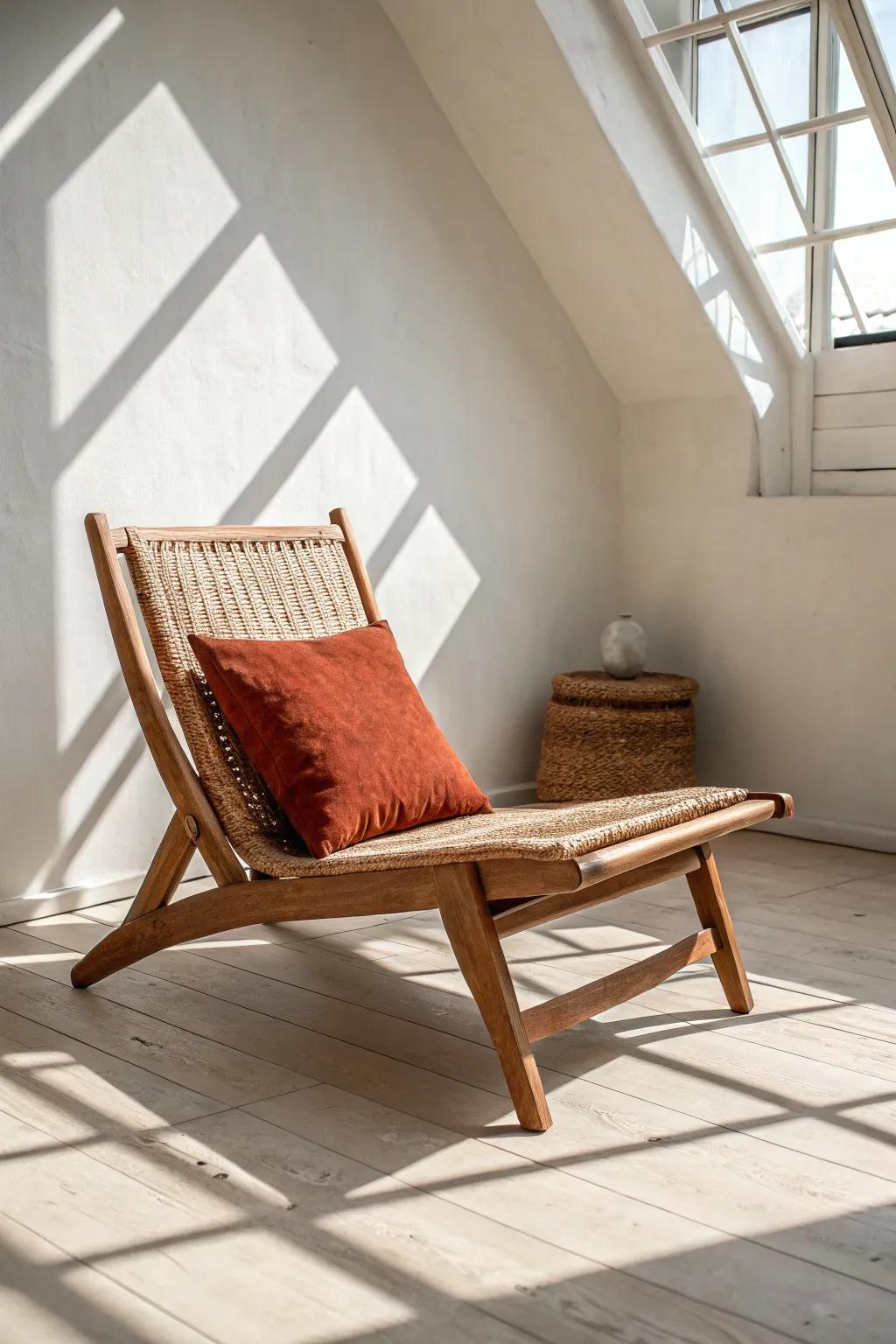 Low floor seating, taller-feeling room: a sculptural chair that opens up the ceiling line.