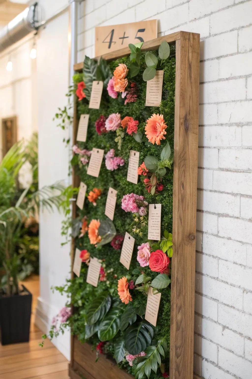 A mini flower wall with tucked-in note cards—part décor, part guestbook for small spaces.