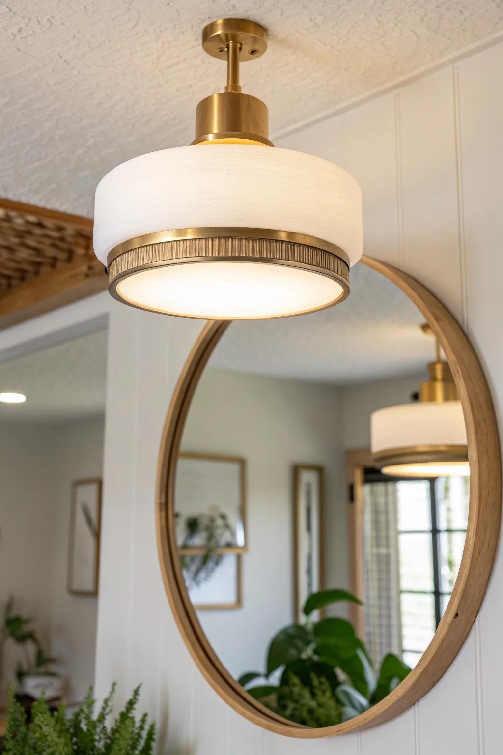 Mirror-boosted flush mount: one fixture, doubled glow—perfect for dark, small entries.
