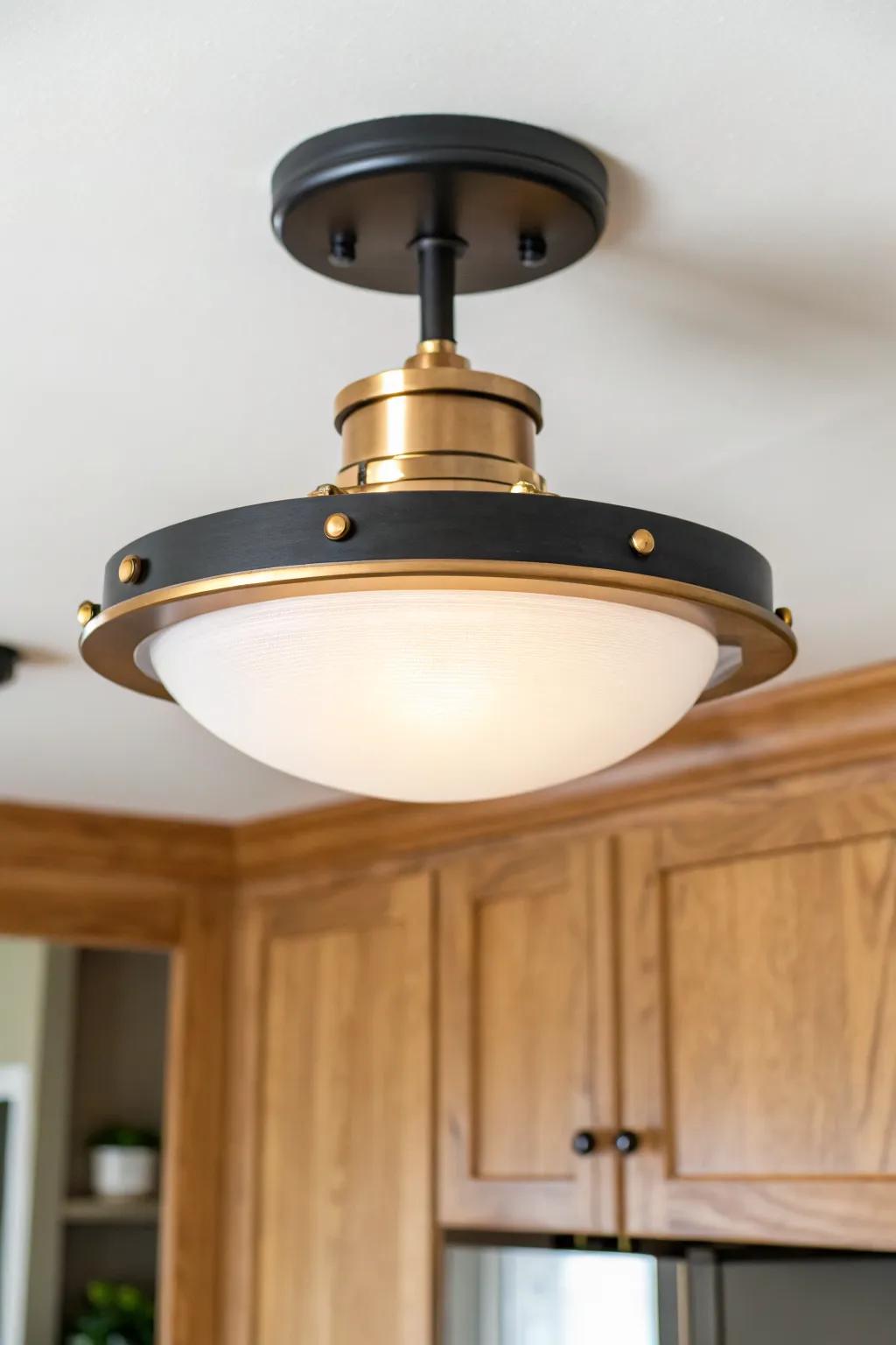 Mixed-metal flush mount in brass + black that perfectly matches cabinet hardware in a small kitchen.
