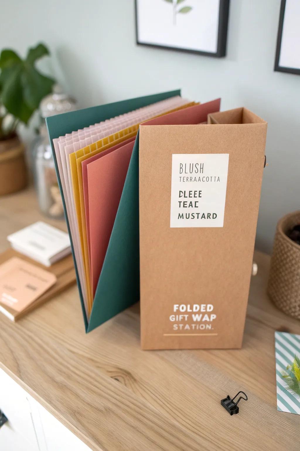 A chic foldable gift-wrap station that keeps swatches, labels, and tags organized in one kit.