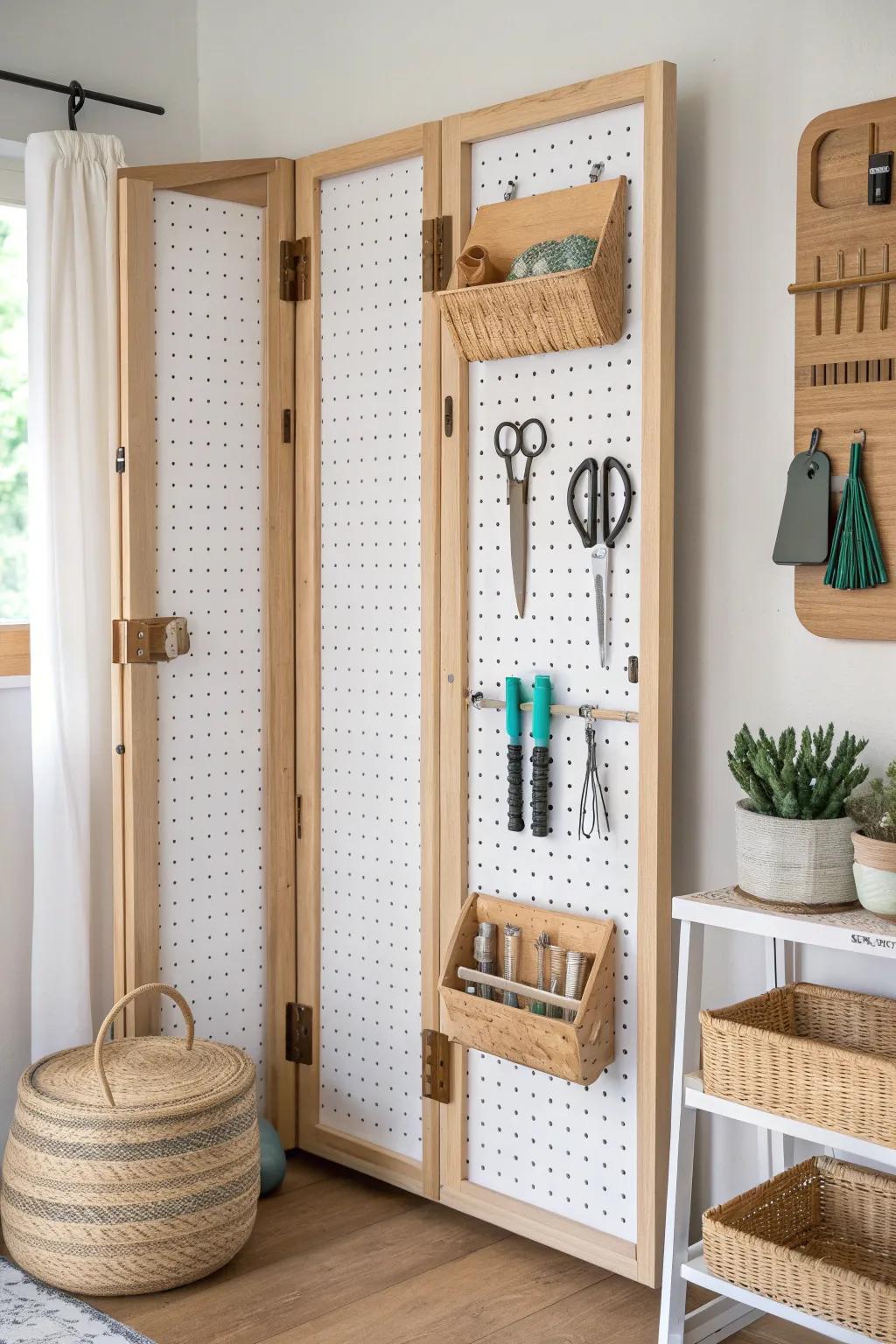 Pegboard bi-fold doors transform a small craft closet into a bold, beautiful vertical storage wall.