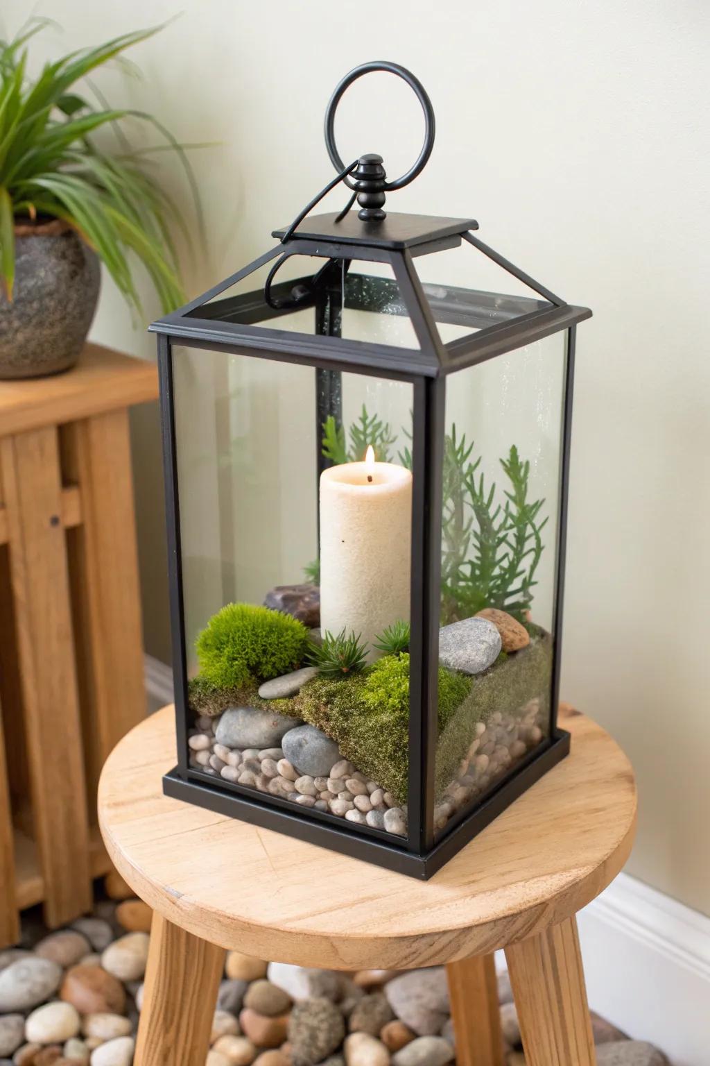 A front porch lantern becomes a mossy mini-terrarium—stones, candlelight, and calm in one piece.