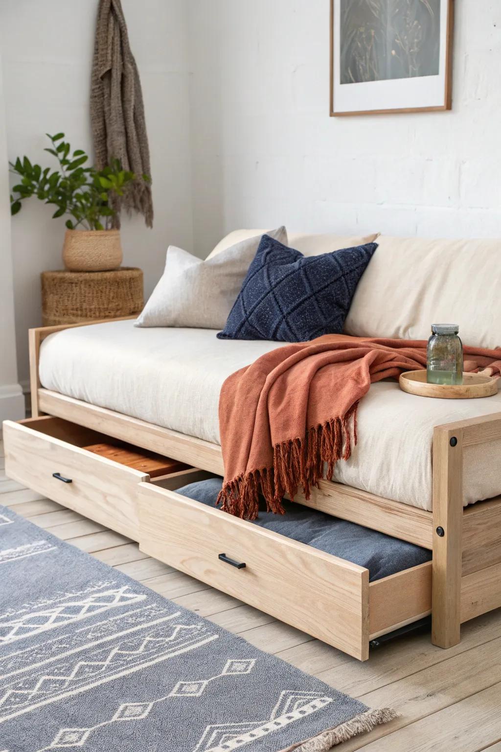 A futon on an oak platform with hidden drawers—small-space storage that looks custom and calm.