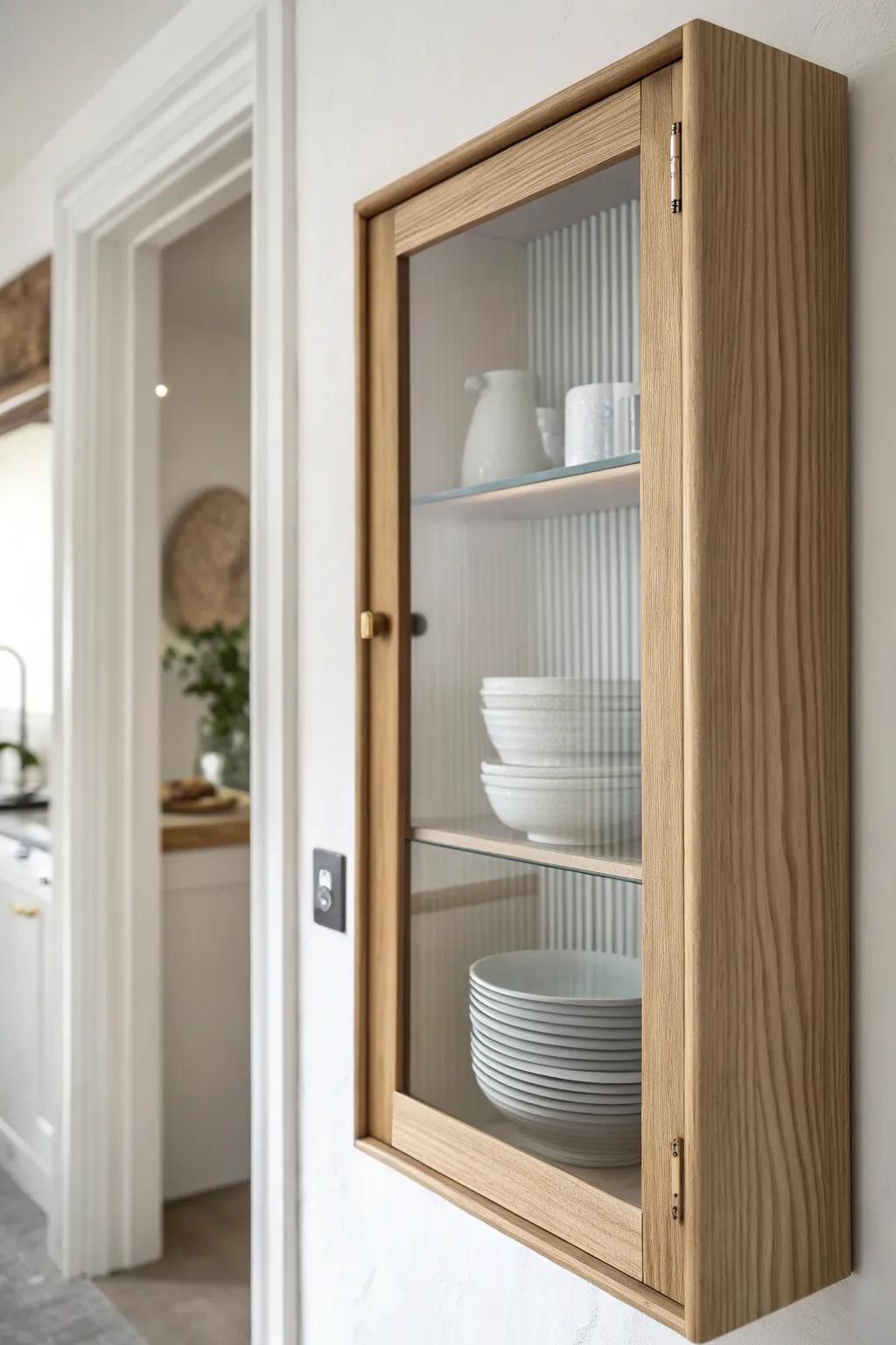 Glass-front uppers add depth—your eye travels through for a collected, airy galley look.