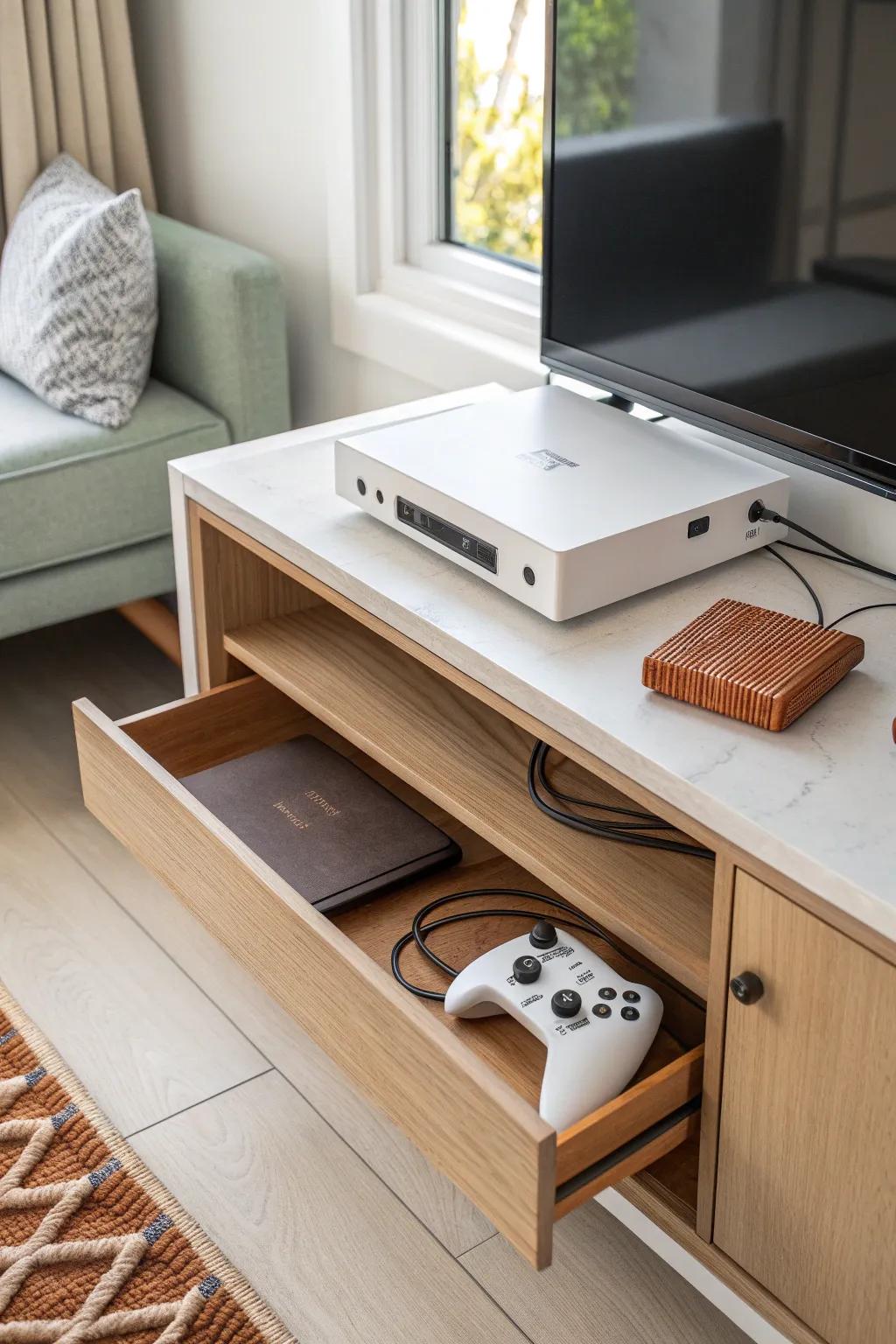 A hidden pull-out shelf turns a skinny nook into sleek, kid-proof console storage.