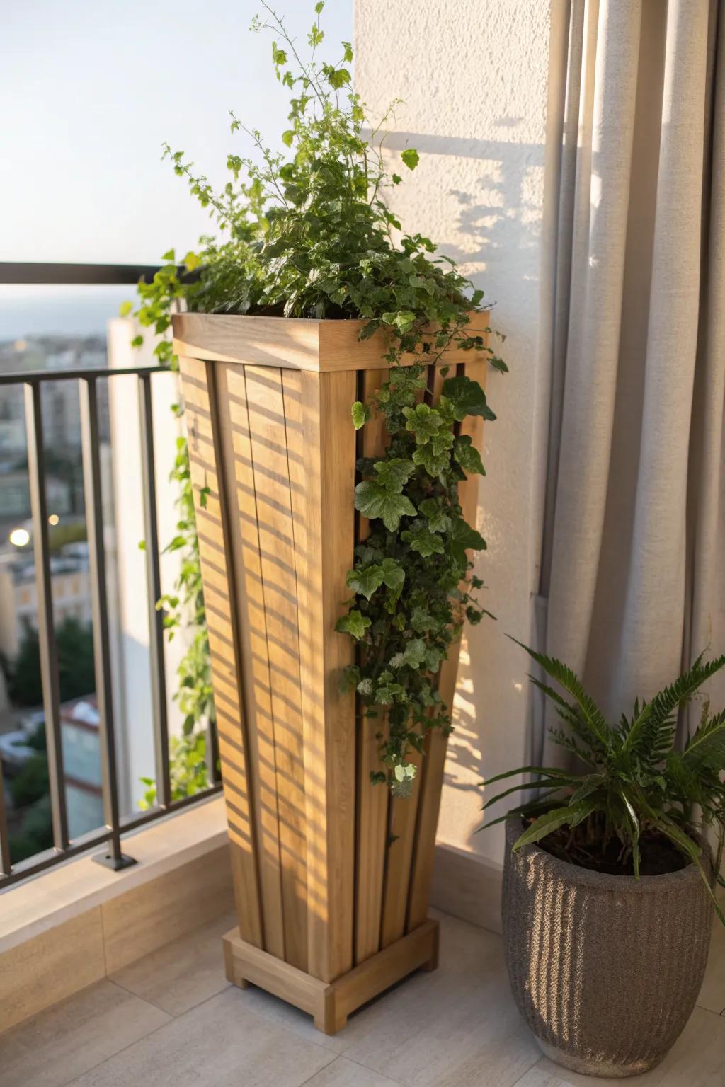 A slim vertical planter + climbers creates a lush, cozy privacy screen for tiny balconies.