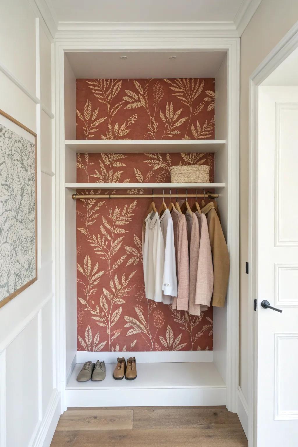 Soft removable wallpaper on the back wall makes a tiny closet look instantly custom and pretty.