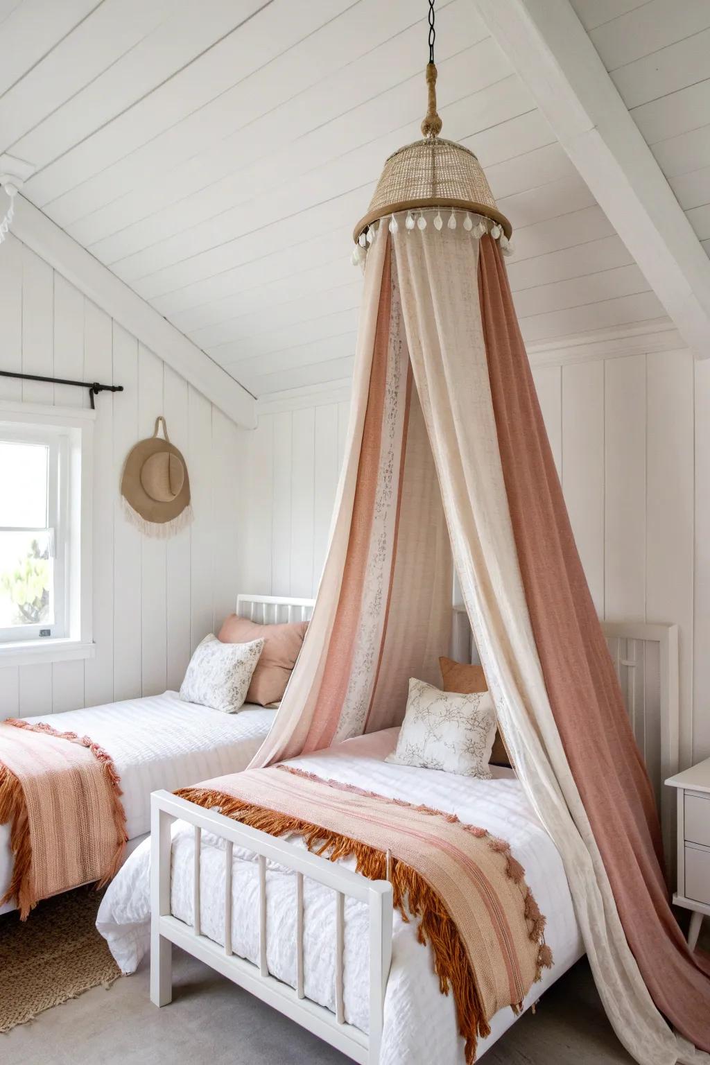 One canopy strip down the center makes twin beds feel like two dreamy zones—open, airy, dramatic.