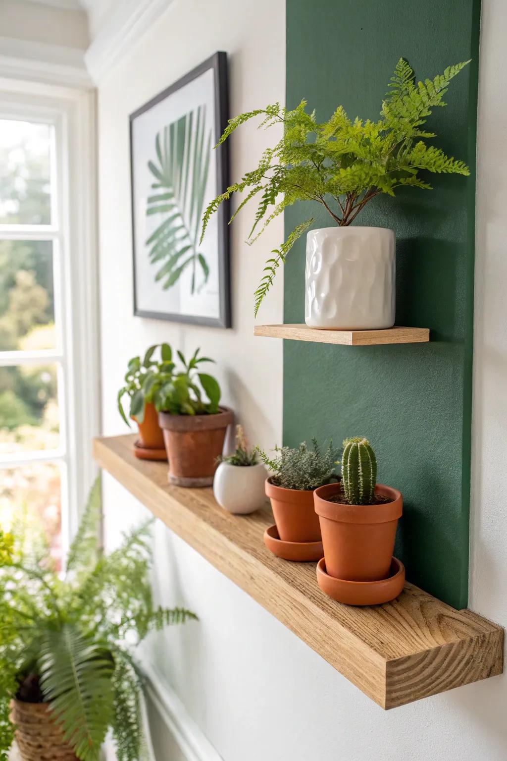 A deep green paint block behind mini planters makes a tiny space feel like a lush green wall.