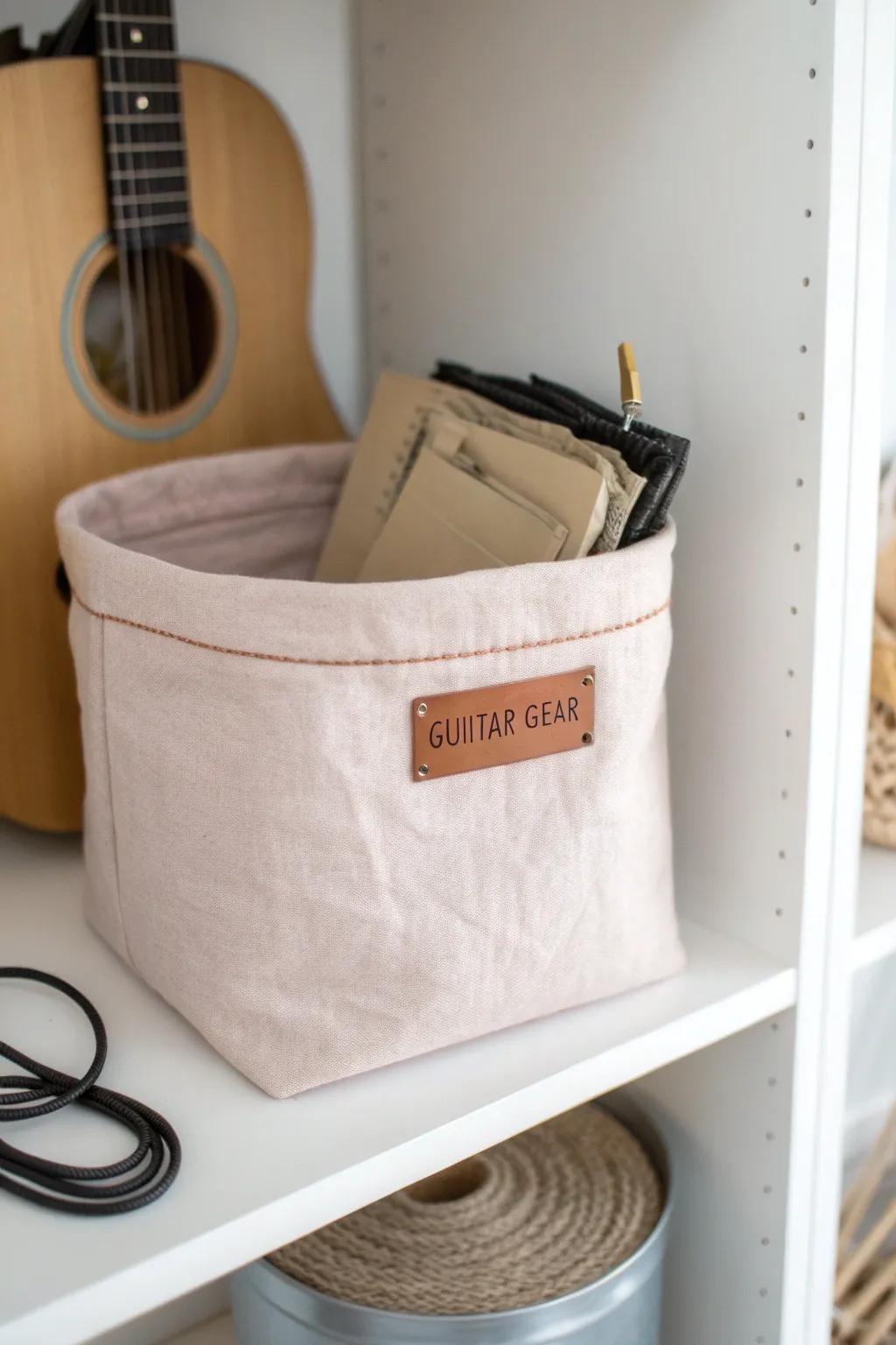 Keep your guitar corner calm—stash strings, capos & cables in one labeled bin up high.