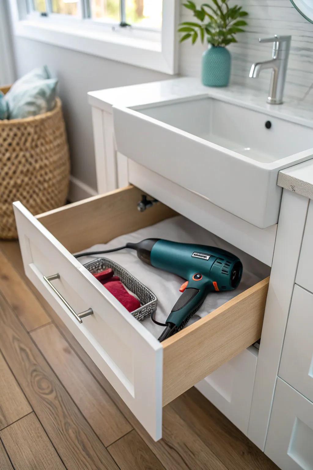 A hidden toe-kick drawer keeps your hair dryer out of sight—and your vanity top spotless.