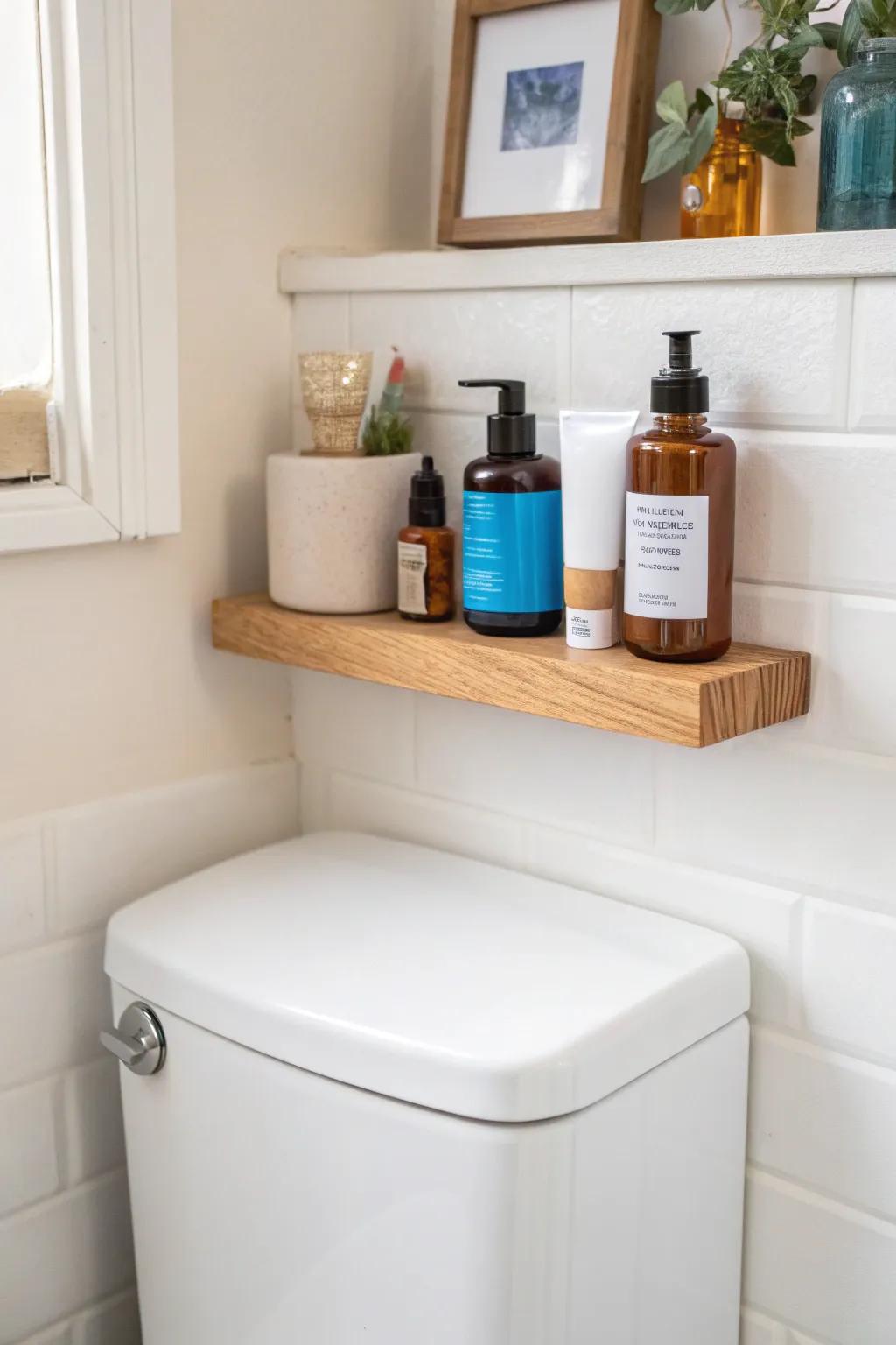 A narrow wall shelf turns tight bathroom space into a chic mini salon for hair products.
