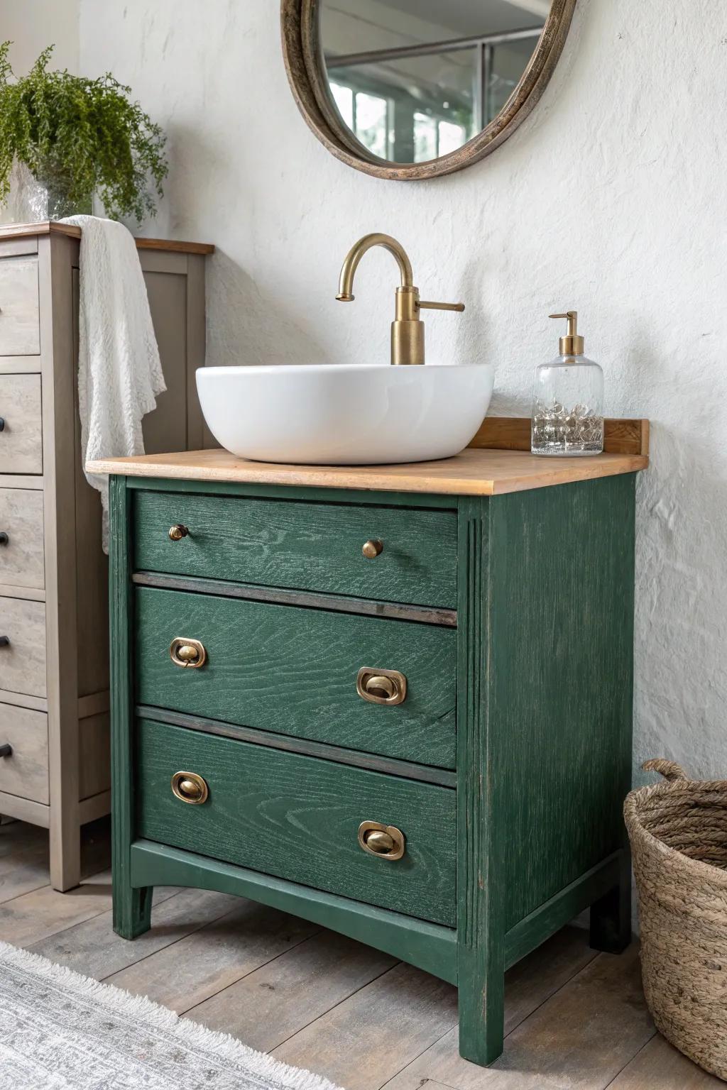 Thrifted dresser vanity for a half bath—sealed top, brass faucet, and character in a tiny space.